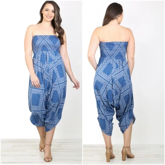 #154 NAVY WHITE PRINT SMOCKED TUBE PLUS SIZE JUMPSUIT - Picture 1 of 4